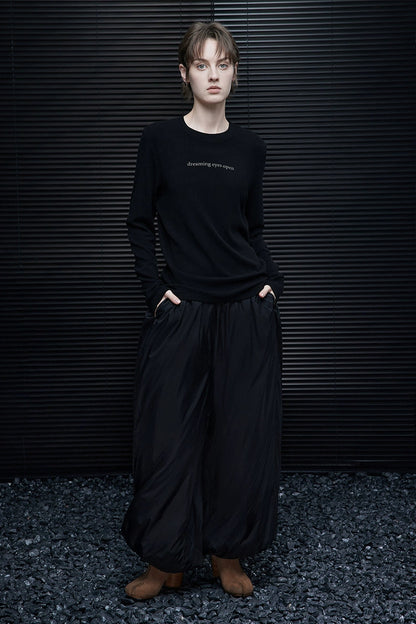 ブラックロゴプリント起毛ニット長袖Tシャツ　B4373