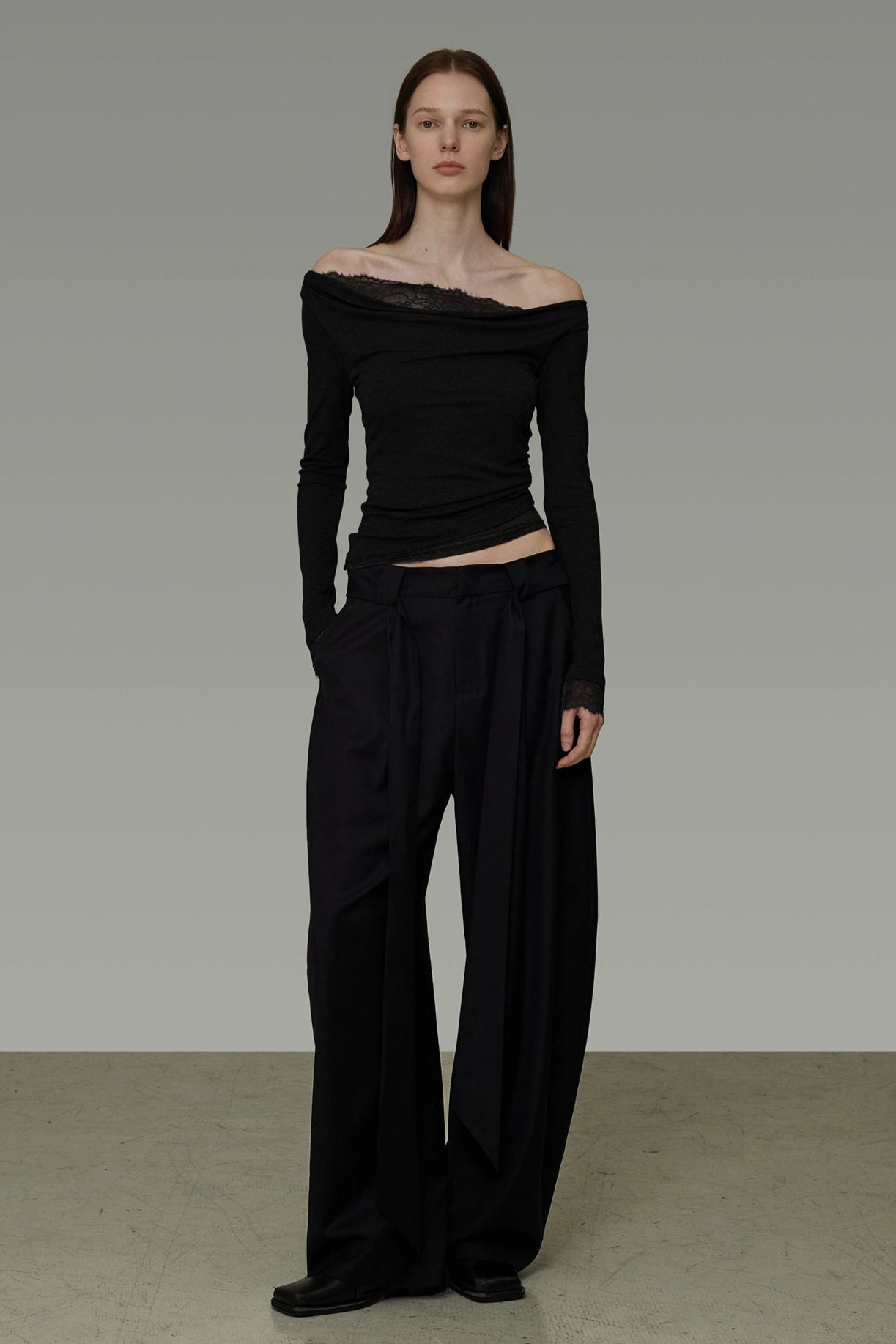 レースステッチワンショルダースリムトップス　B4195