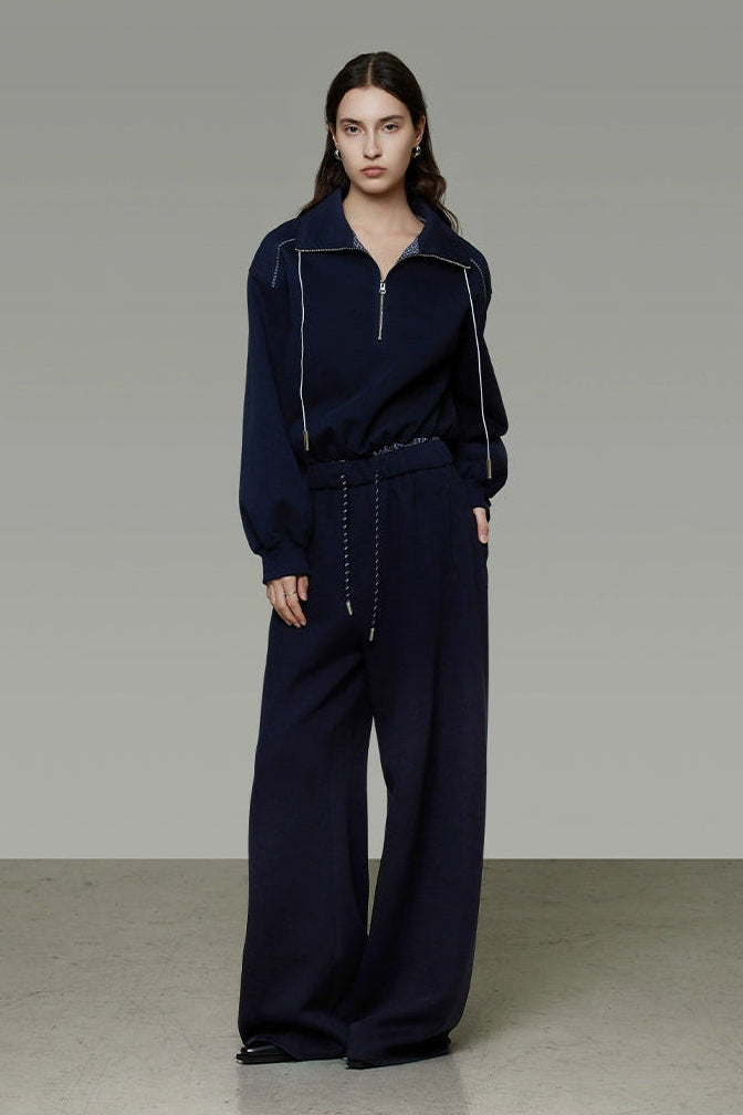 海軍藍抽繩寬鬆闊腿褲 B4440