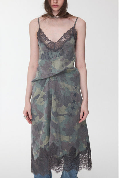 迷彩蕾絲V領吊帶裙 B4394
