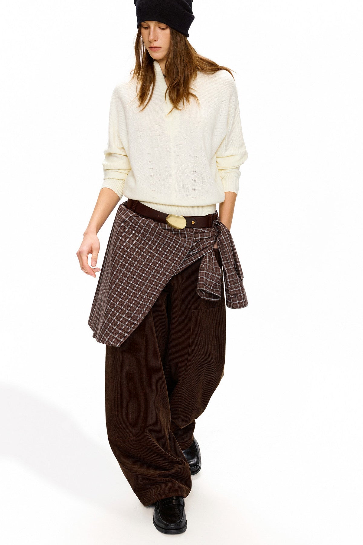 Dark brown 100% cotton corduroy wide cargo pants B5014