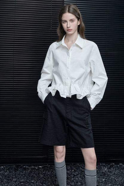 White pure cotton slim waist ruffle shirt B4633