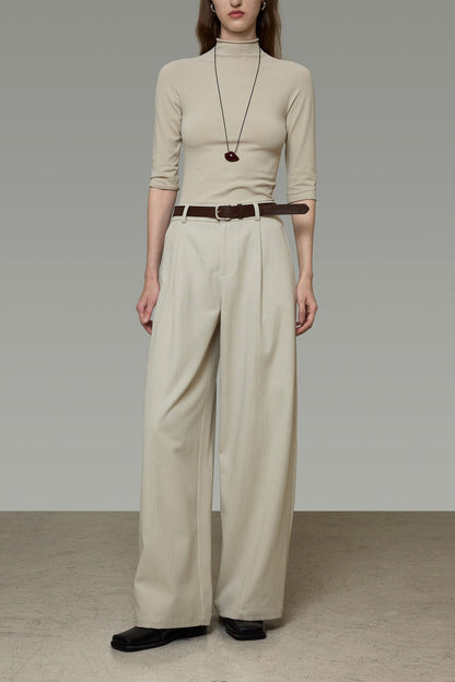 Lyocell Cotton Off-White Pleated Wide-Leg Pants B4912