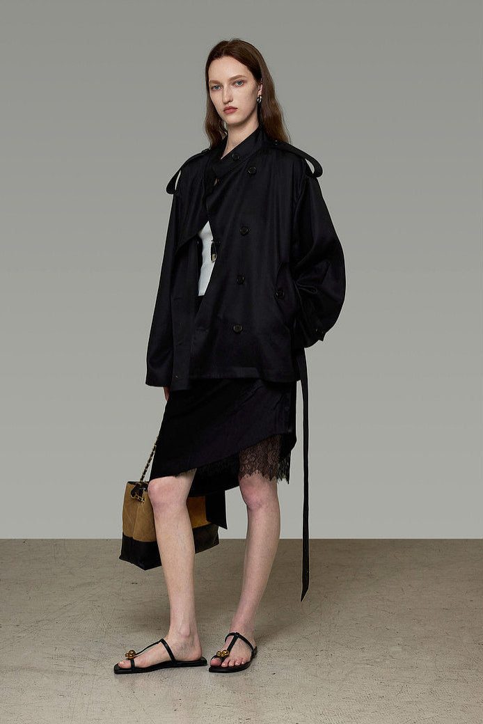 Black Short Double-Breasted Trench Coat B4911