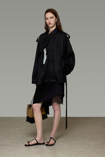 Black Short Double-Breasted Trench Coat B4911