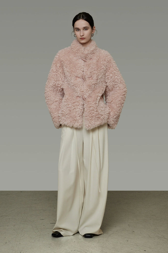 仿羊羔毛寬鬆立領大衣 B4507