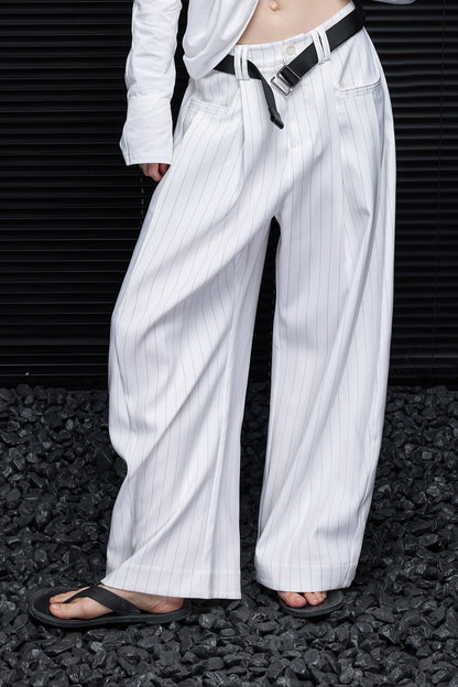 White Stripe High-Waisted Wide-Leg Pants B4952