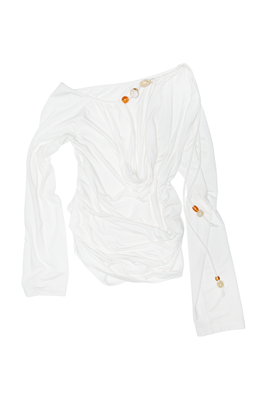 ビーズ付きスイングカラーオフショルダーVネックトップス　B3944