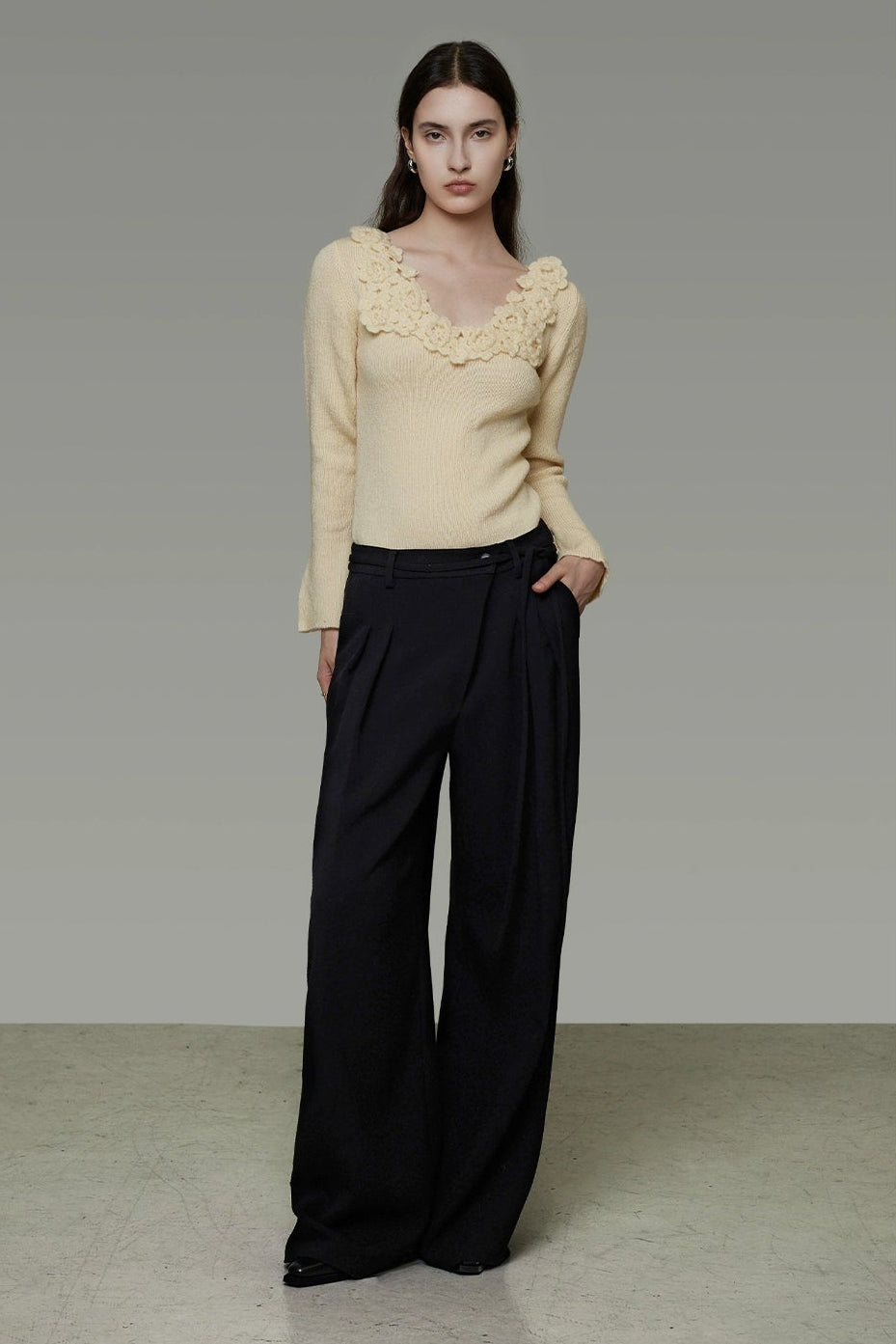 Asymmetrical Placket Slimming Wide Pants B4436