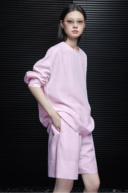 ピンクテンセルリネン長袖カジュアルTシャツ　B4067