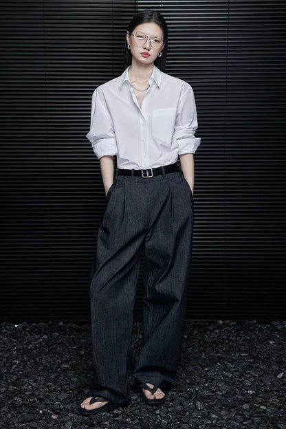 黑色牛仔寬鬆直筒懶人風褲B3951