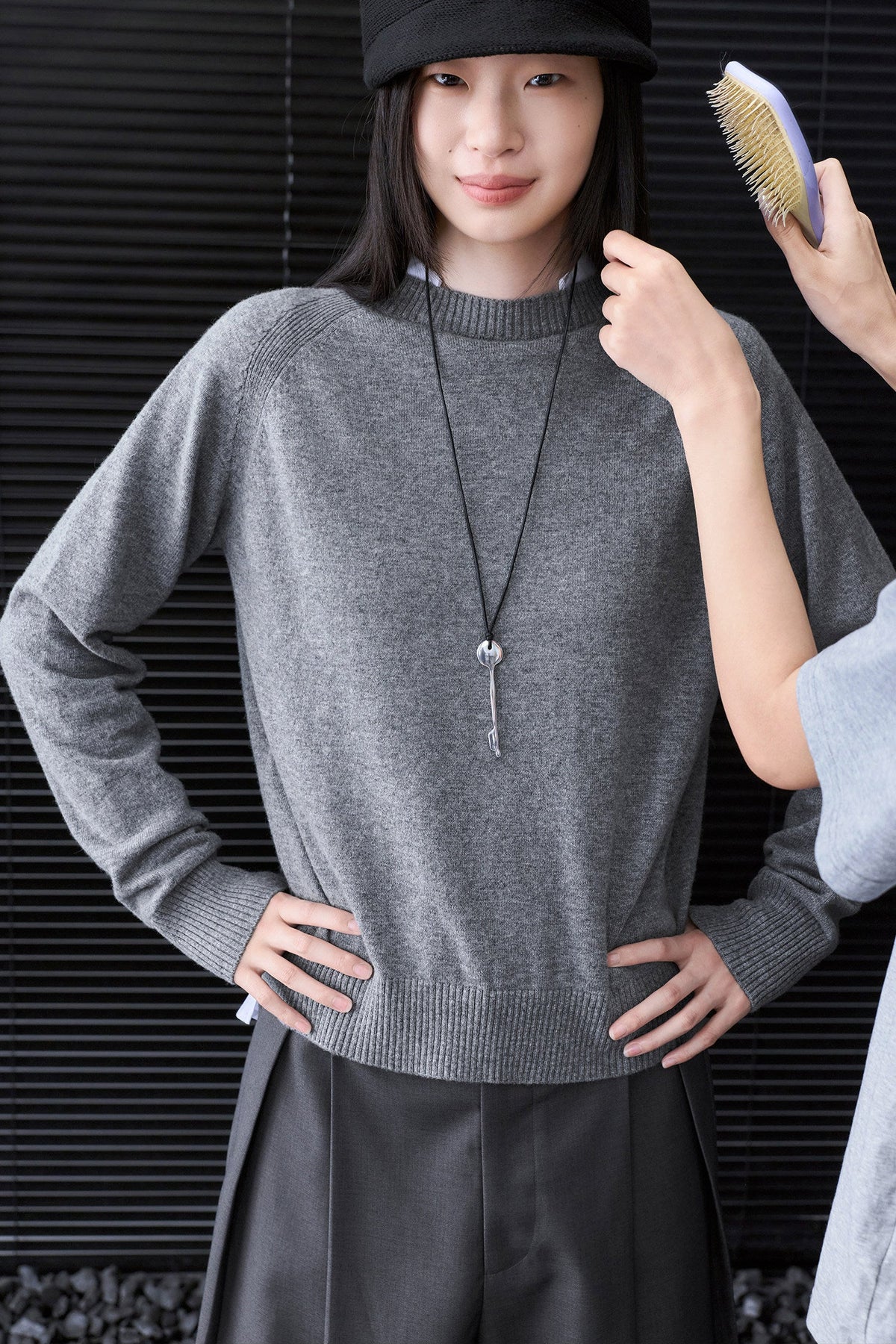 Gray Front/Back 2-Way Shirt-Layered Style Wool-Blend Knit B5025