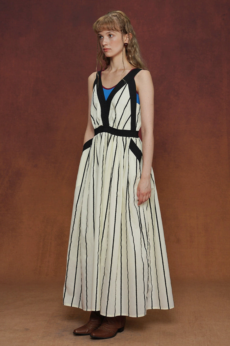 Vintage striped V-neck suspender long dress B4165