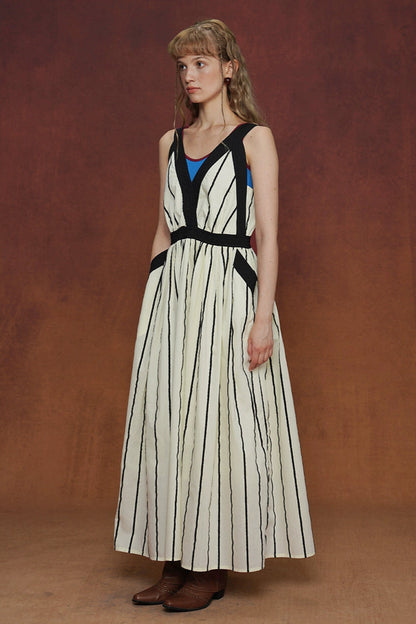 Vintage striped V-neck suspender long dress B4165