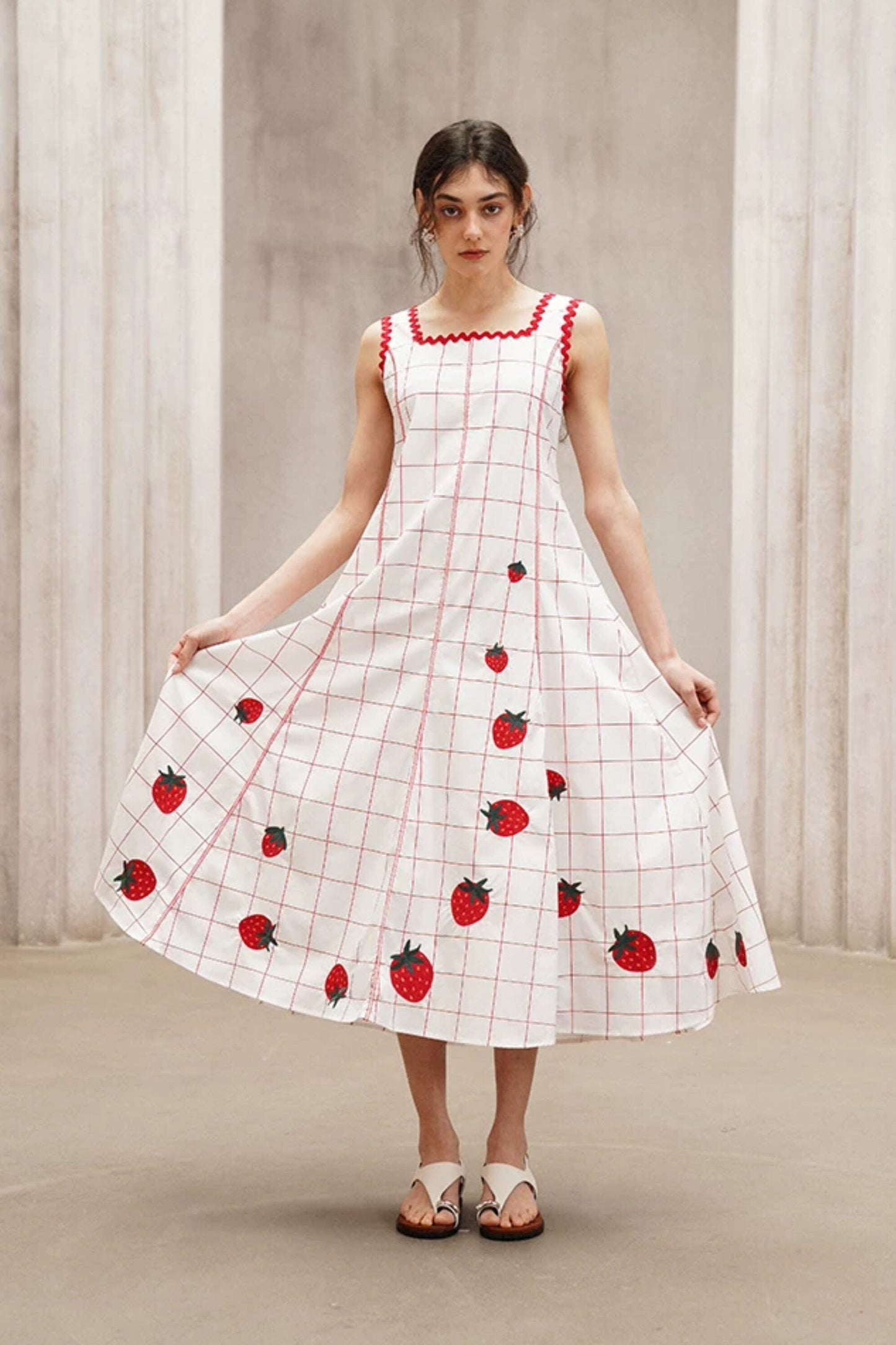 Strawberry Embroidered Check Retro Dress B4792