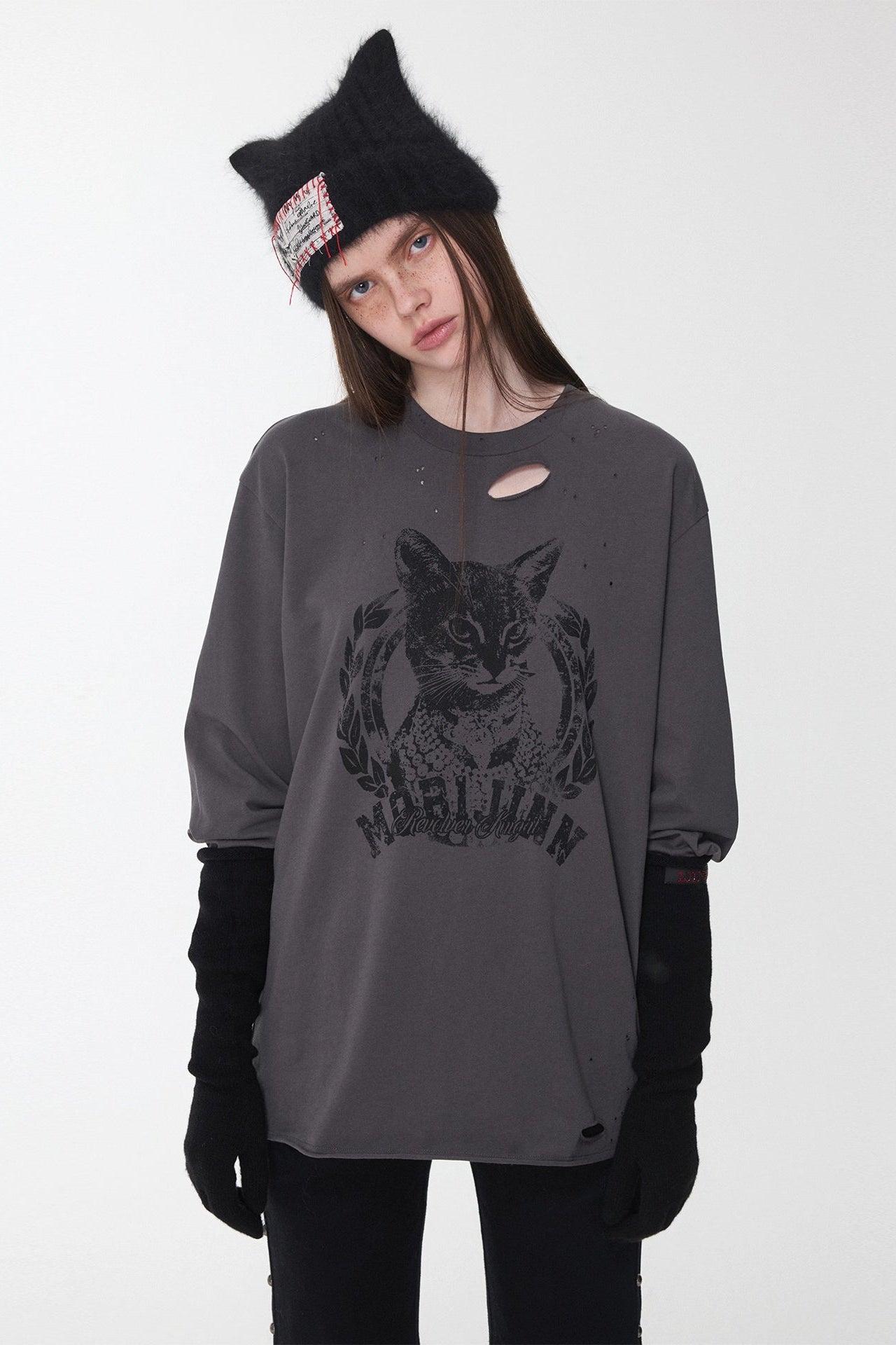 アメリカンキャットプリントリップドTシャツ　B4389