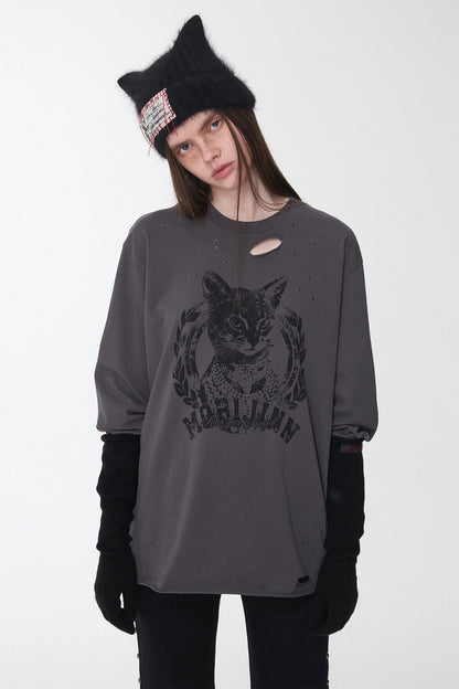 アメリカンキャットプリントリップドTシャツ　B4389