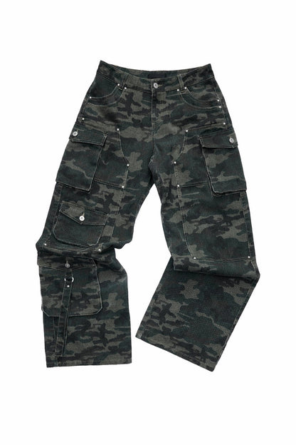 Camouflage Wash Multi-Pocket Cargo Wide Pants B4388
