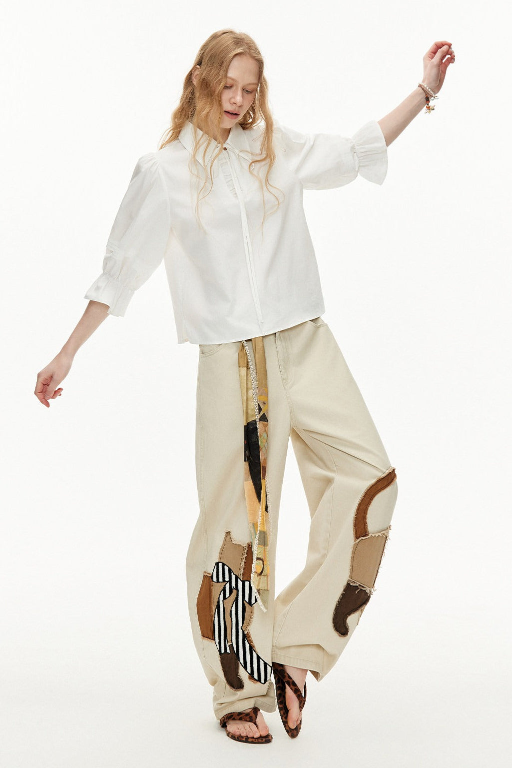 ホワイトランタンスリーブリボンシャツ　B4598