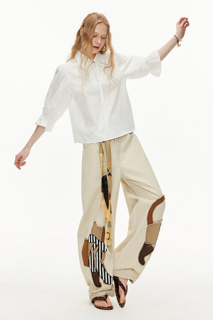 ホワイトランタンスリーブリボンシャツ　B4598