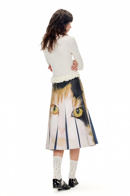 キャットプリントミッドウエストプリーツスカート　B4597