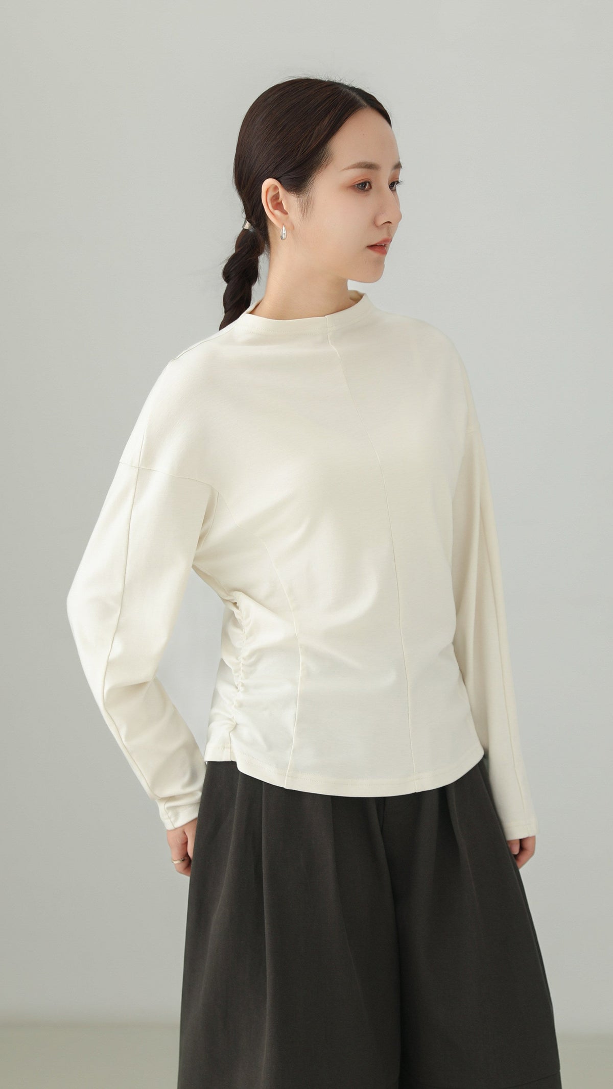 Bottleneck Side-Shirring Drape Long Sleeve T-Shirt B5001