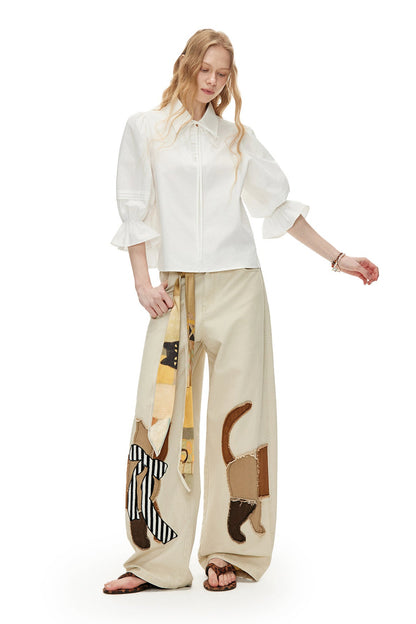 キャットアップリケ刺繡ウオッシュドシミターパンツ　B4592