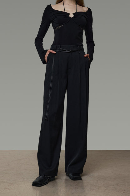 Black High-Waisted Double Tuck Wide Pants B4936