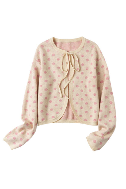 ピーチピンクジャガードドットカーディガン・スカート　B4596