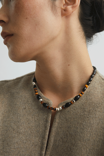 S925タイガーアイ ブラックアゲートチョーカーネックレス　B4286