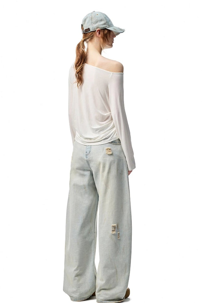 ビーズ付きスイングカラーオフショルダーVネックトップス　B3944