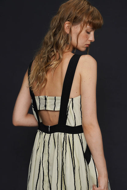 Vintage striped V-neck suspender long dress B4165