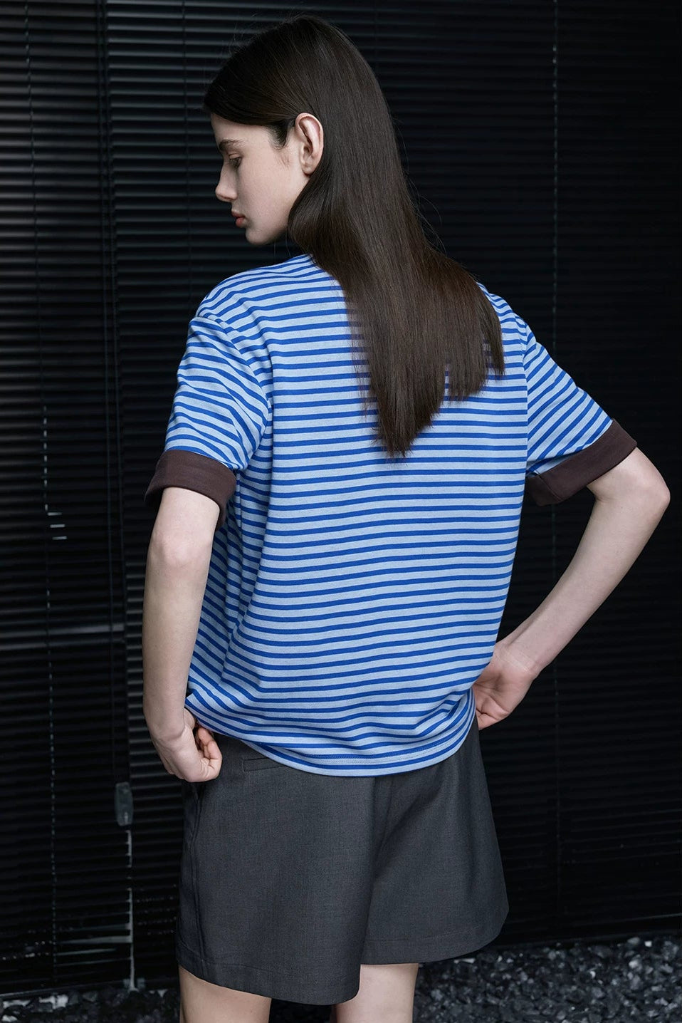 ブルーストライプロールヘム半袖Tシャツ　B4693