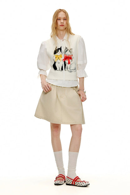 ホワイトキャットプリントVネックベスト　B4599