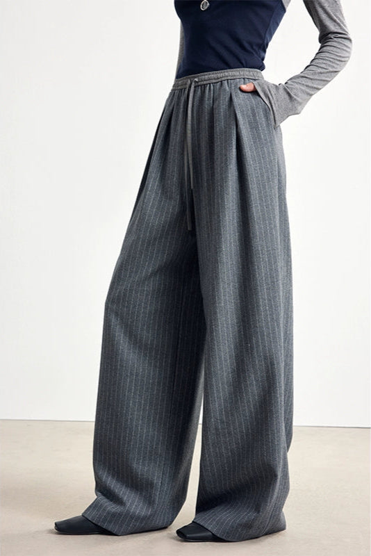 Striped wool blend drape straight pants B4328
