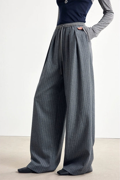 Striped wool blend drape straight pants B4328