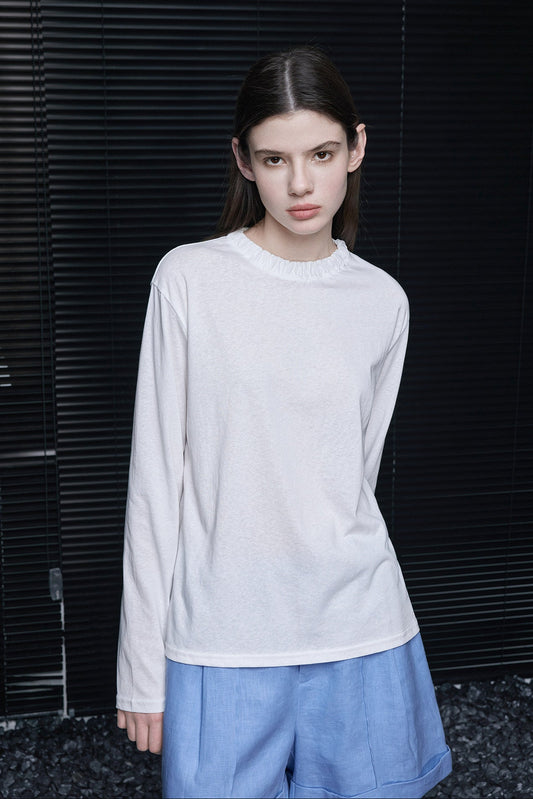 コットンホワイトギャザー入り長袖Tシャツ　B4715