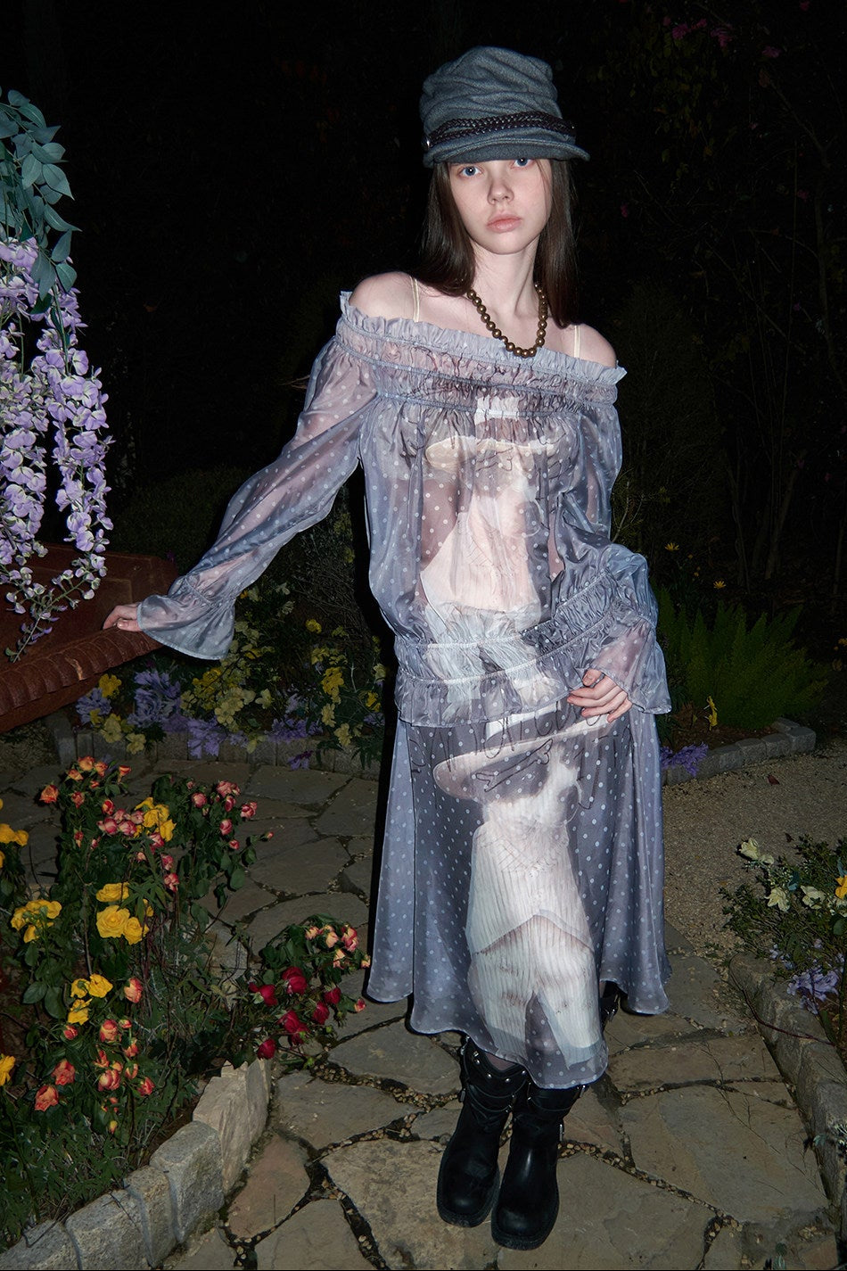 ドッグラブワンショルダーシフォンプリントトップス　B4643