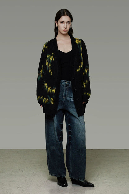 復古寬鬆V領針織開襟衫 B4443