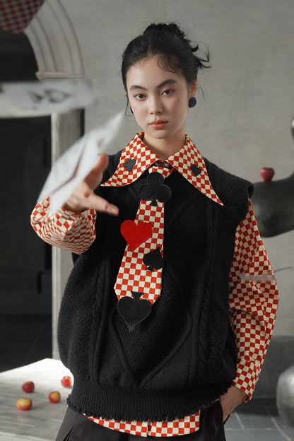 レトロチェック柄トランプ刺繡ラペルシャツ　B4582