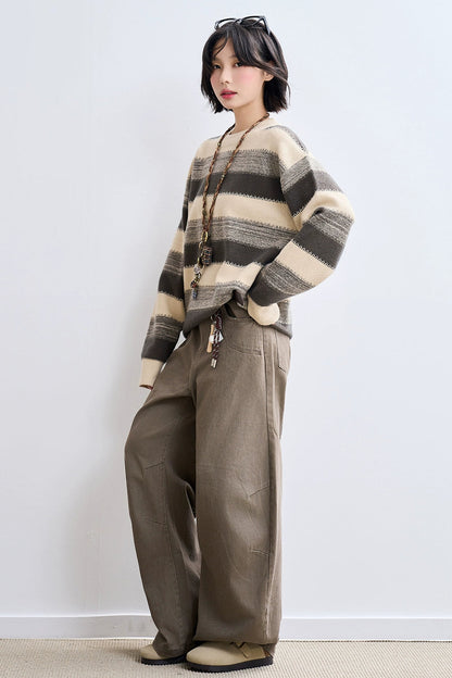 杏色條紋寬鬆毛衣 B4433