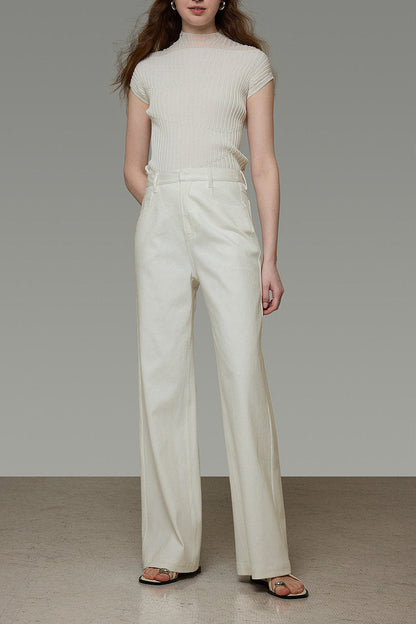 French White Straight Denim Pants B4772