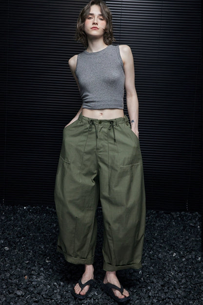Green cargo wide loose pants B4018