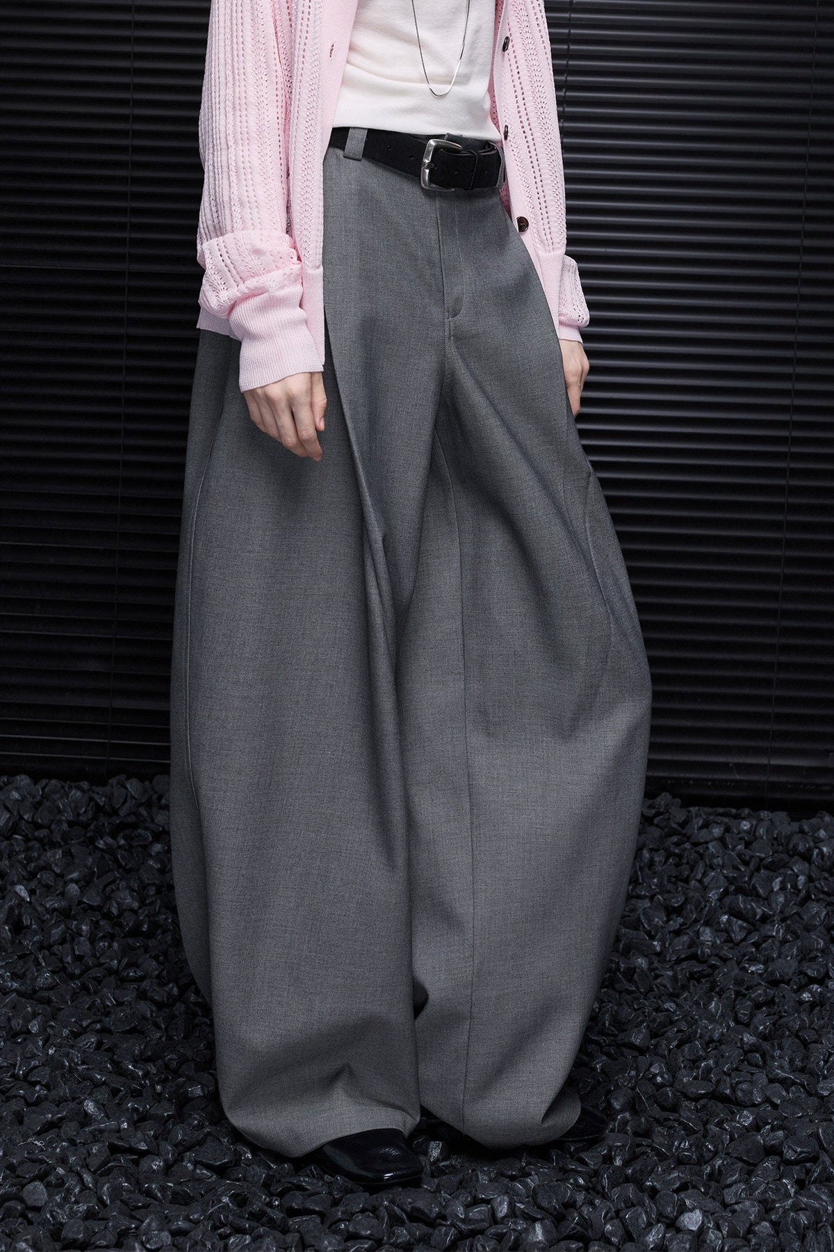 Gray High-Waisted Drape Wide-Leg Pants B5018