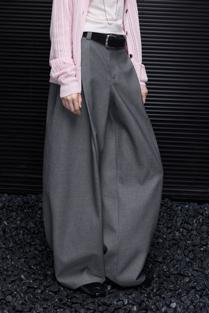 Gray High-Waisted Drape Wide-Leg Pants B5018