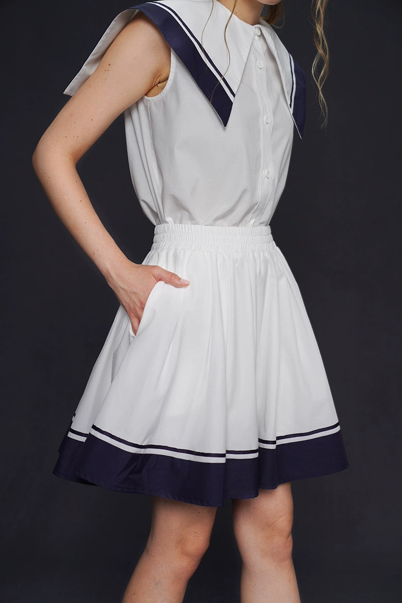 Marine sailor collar sleeveless top, skirt and suit B4155