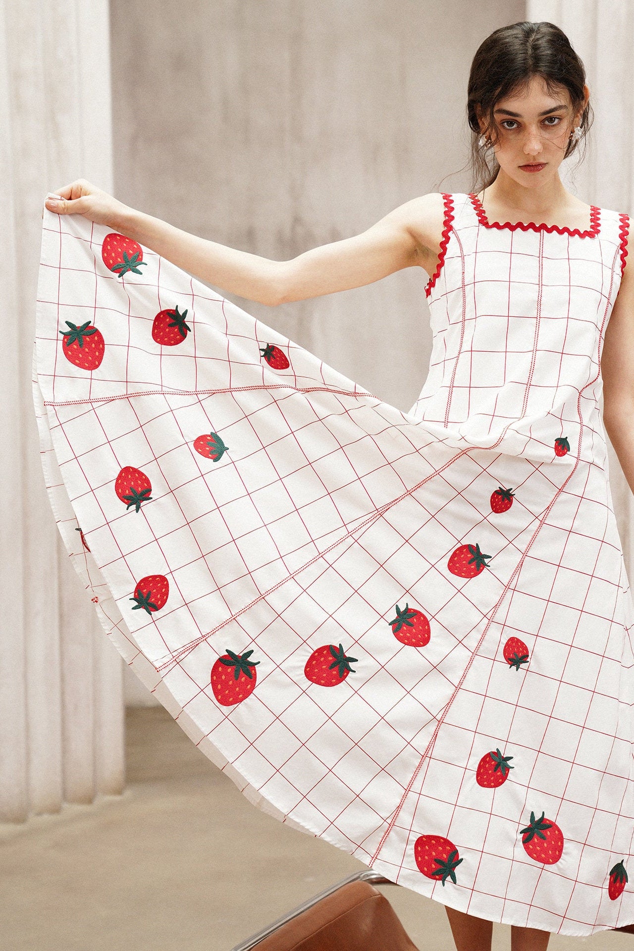 Strawberry Embroidered Check Retro Dress B4792
