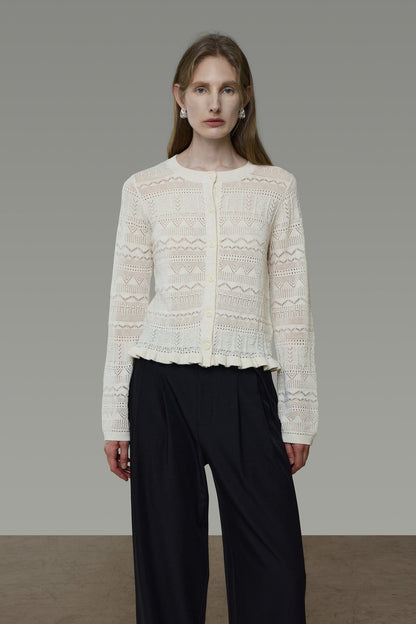 Openwork Jacquard Wave Hem Knit Cardigan B4939