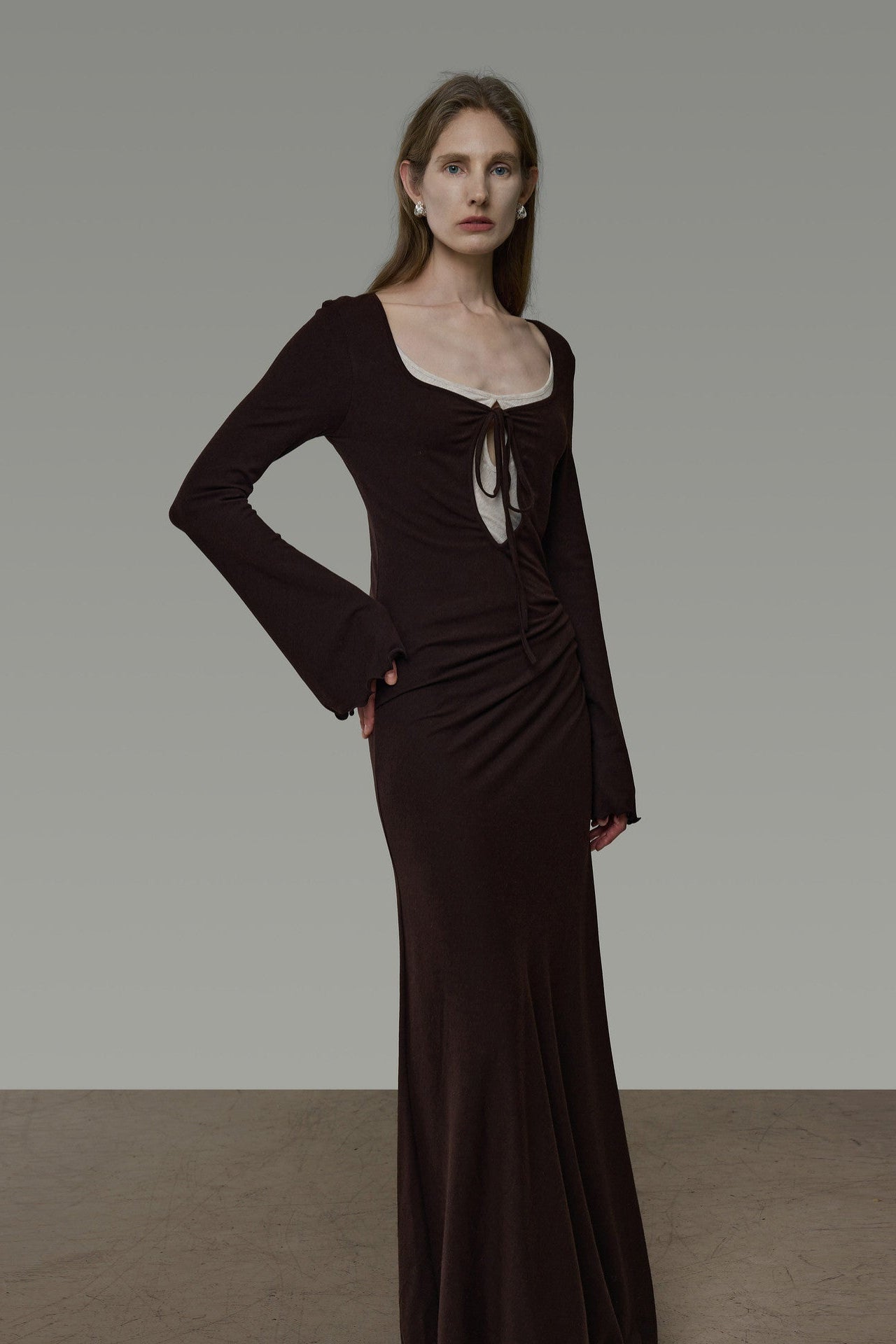 Bicolor Faux Layered Square Neck Flare Sleeve Dress B4940
