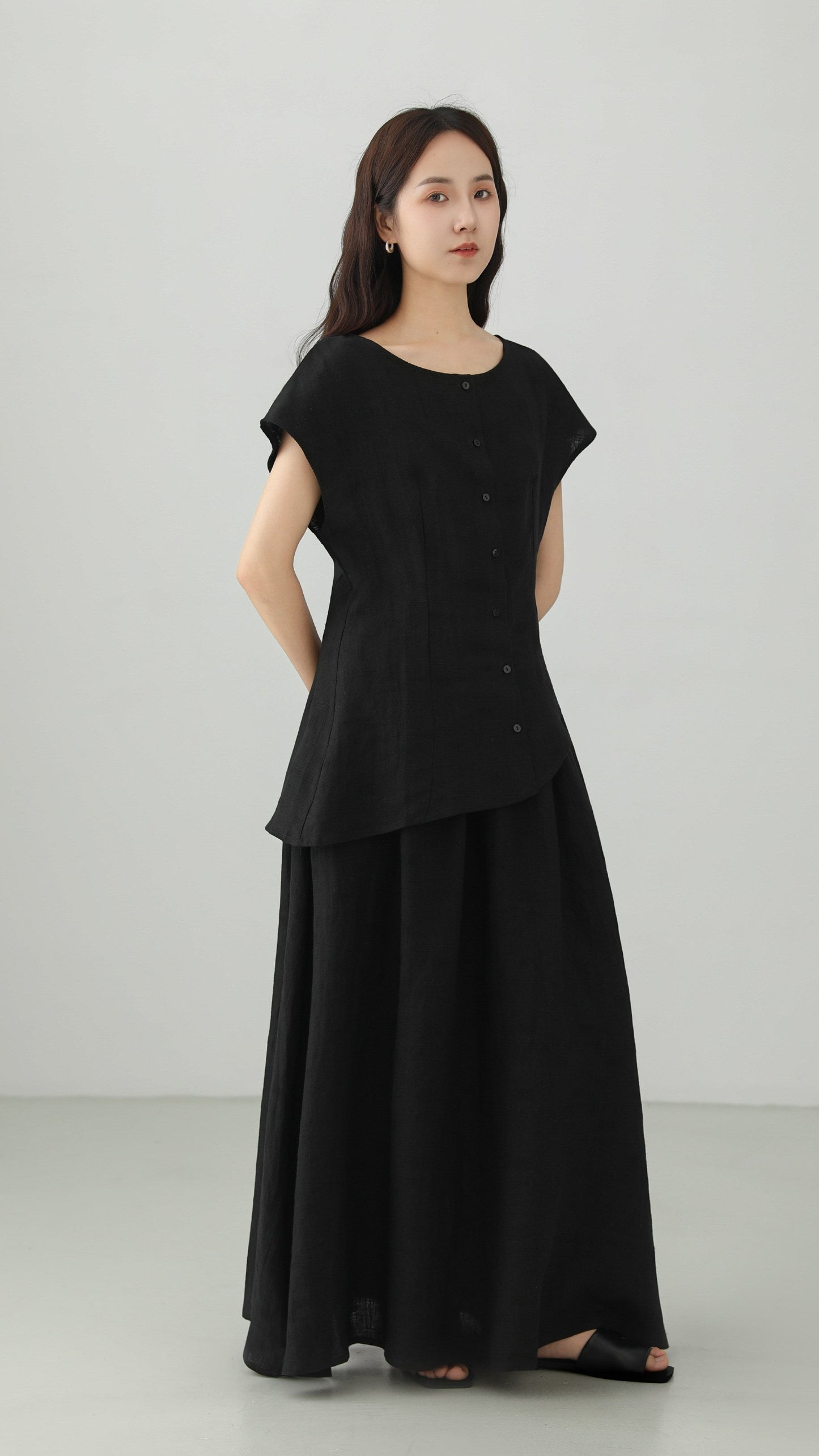 Minimal Linen Jacquard Long Skirt B4831